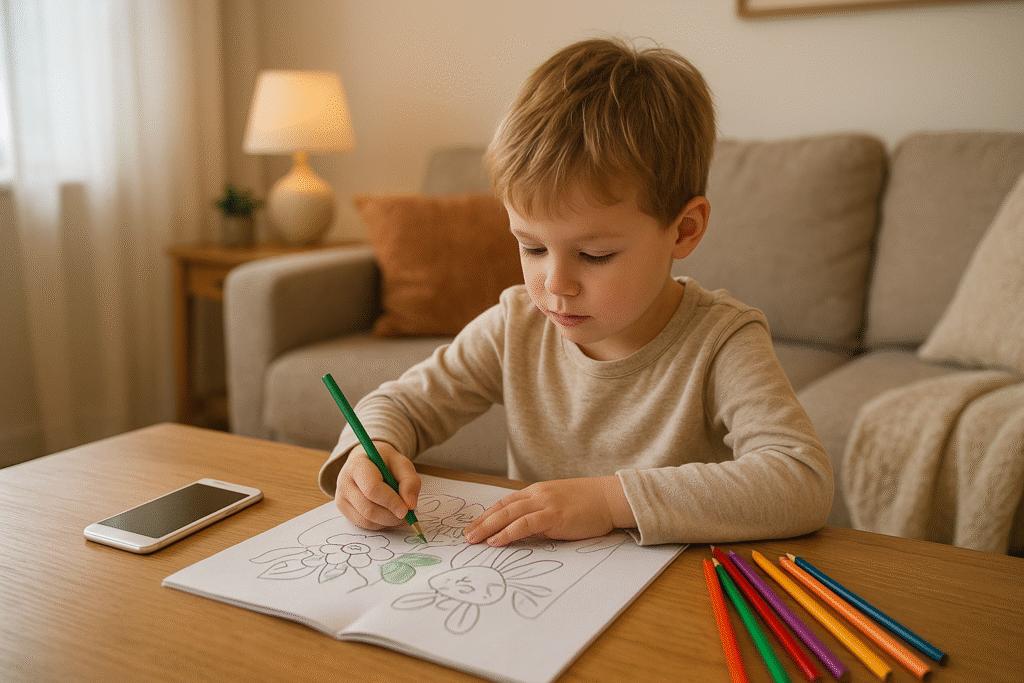 The baby is coloring and not paying attention to the smartphone next to him.